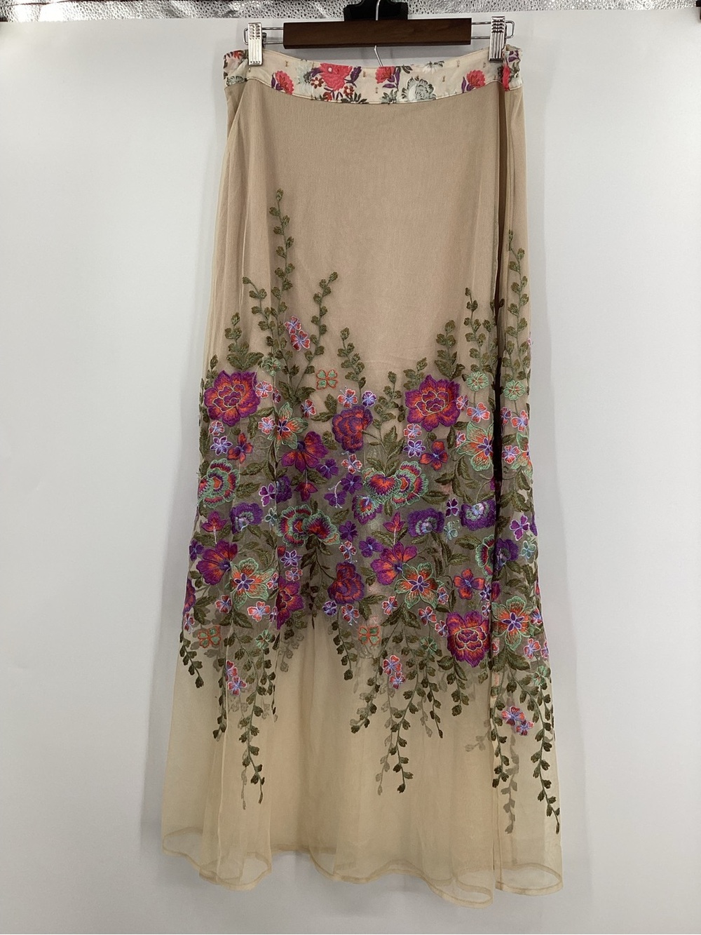 Beige Floral Embroidered Maxi Skirt - Beige with Purple & Pink Flowers